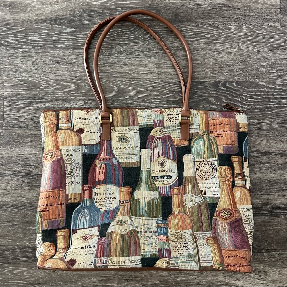 Vintage Bueno Wine Bottles Tapestry Zippered Tote Bag 90s Woven Travel Overnight